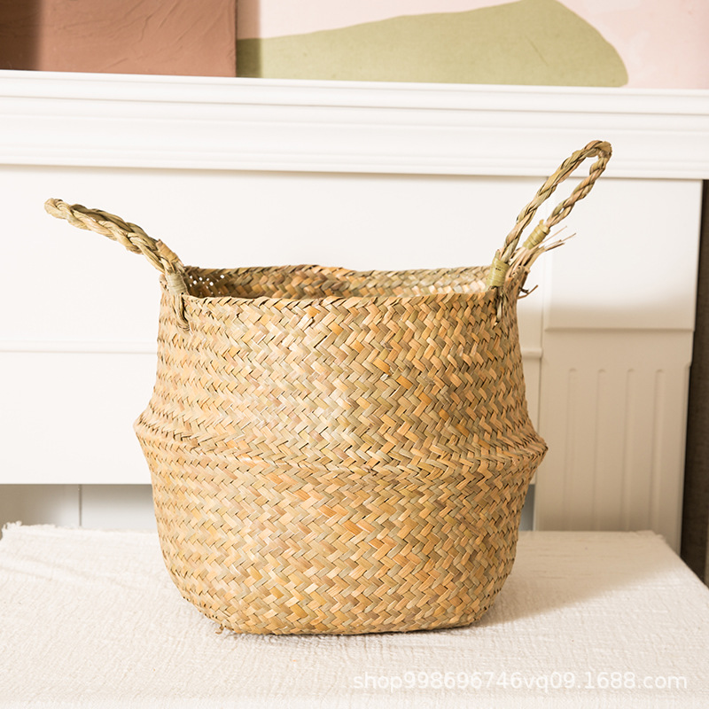 海草編み手提げかご 植物鉢 大容量折りたたみフラワーバスケット 手作り草編み家庭用品収納かご 卸売