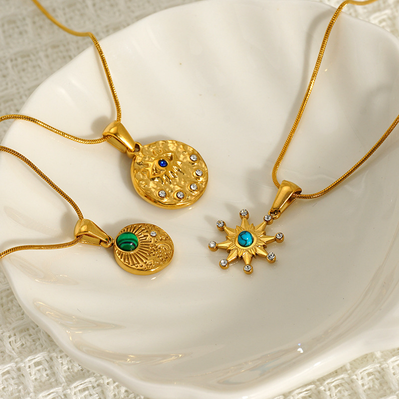 304 Stainless Steel Material Geometric Pattern Wholesale Jewelry IG Style Geometric 304 Stainless Steel Turquoise Zircon 18K Gold Plated Inlay Pendant Necklace Snake Chain