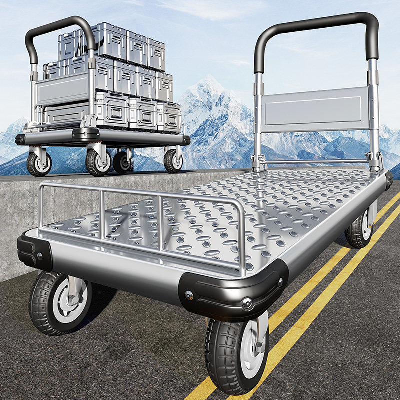 Steel Plate Trolley, Hand-Pushed Cart for Transporting Goods, Household Flatbed Cart, Portable Trailer, Foldable Small Cart, Hand-Pulled Cart