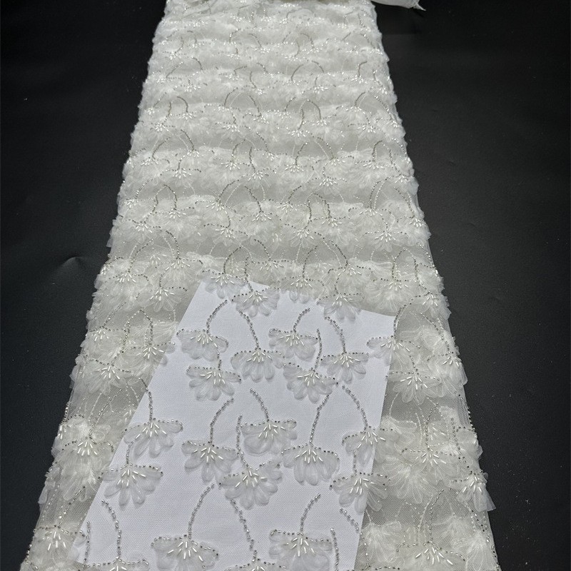 Flores de cuentas de arroz bordadas de verano tela bordada vestido tridimensional moda danza vestido de cena tela de encaje