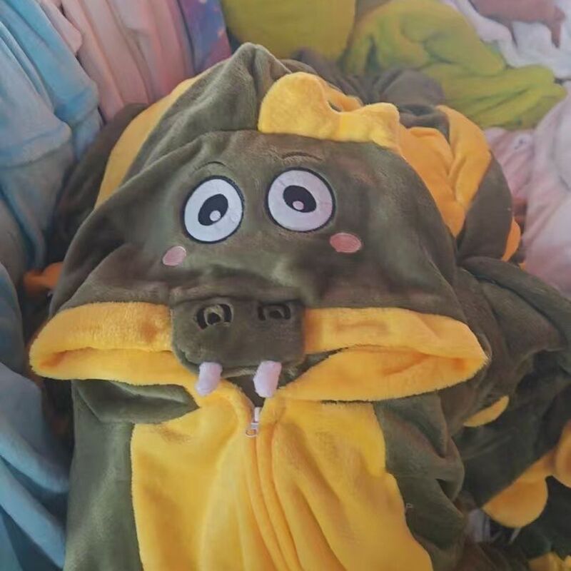 Super Cute Autumn and Winter Soft Crocodile Flannel Fur Pajama Set for Couples, Warm Animal Print Long Jumpsuit