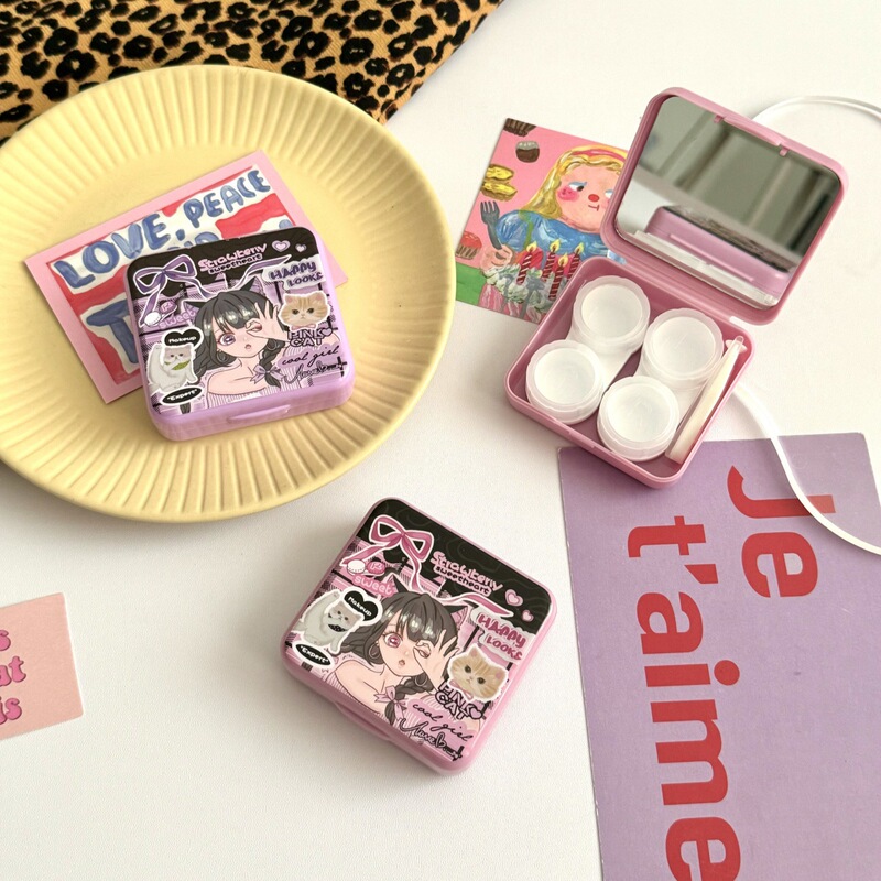 Two Packs of Ins Contact Lens Boxes, Sweet and Cool Girl Companion Care Boxes, Contact Lens Boxes As2410 with Mirrors