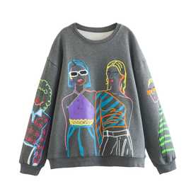 速卖通批发春季新款女装欧美风女孩图案印花套头圆领长袖宽松卫衣