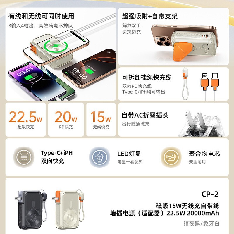 Remax リモックス AC 折りたたみプラグ付き 20000 mAh ポータブル 15W 磁気高速充電携帯電話パワーバンク|undefined