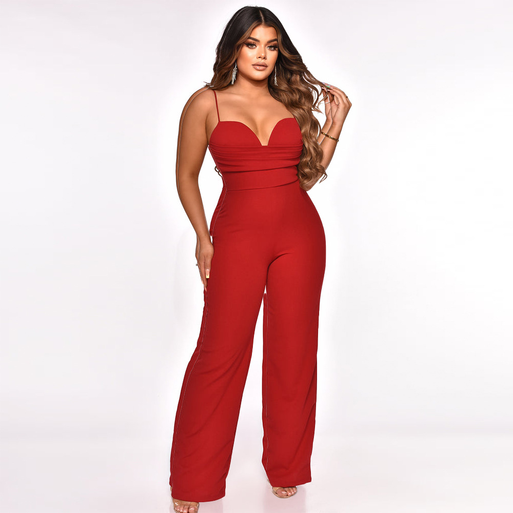 sling wrap chest backless slim wide-leg solid color jumpsuit NSMYF125037