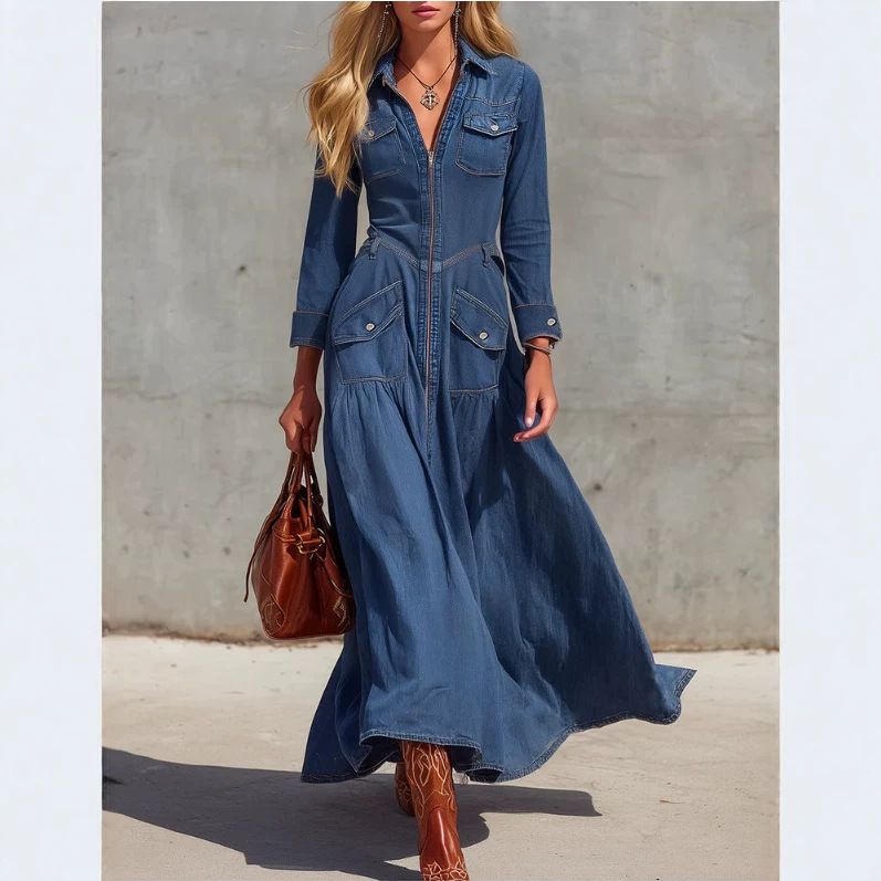 European and American cross-border independent site vintage western washed denim long-sleeve work pocket shirt dress European and American cross-border independent site vintage western washed denim long-sleeve work pocket shirt dress