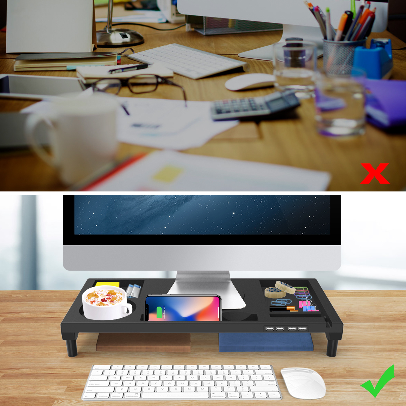 Monitor de la computadora aumento de la altura rack de almacenamiento de plástico rack portátil aumento de la altura del soporte de carga USB fábrica al por mayor