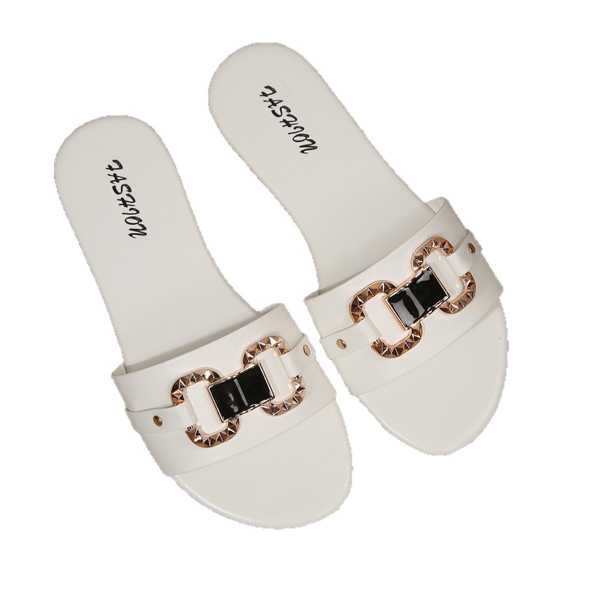 Sandalias Planas para Mujer de Cuero Sintético, Cómodo, Decoración Metálica para Uso Casual