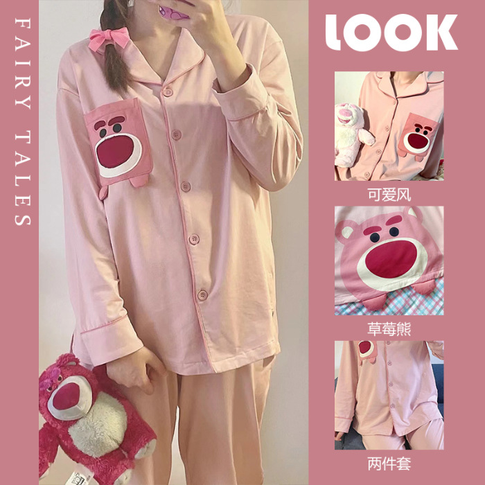 Pijamas estilo Ins de algodón con estampado de oso y fresa japonesa para mujer, modelo nuevo primavera y otoño 2025, de manga larga, finos, se pueden usar fuera como ropa de estar por casa.