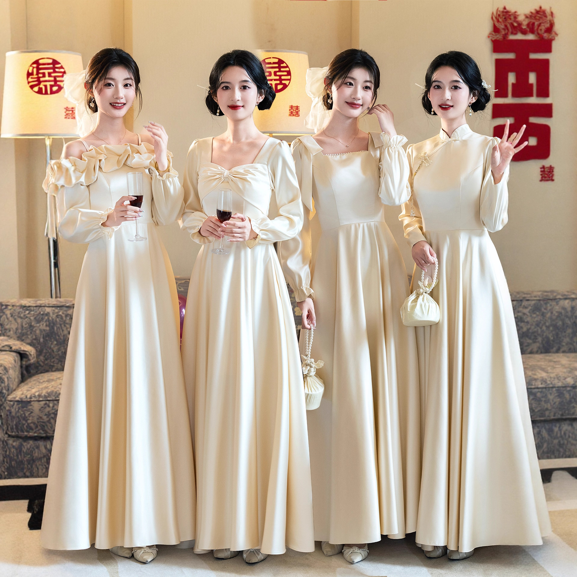 伴娘服礼服裙2025新款冬季长袖缎面姐妹团高级小众平时可穿冬天装