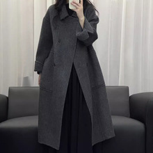 大码宽松双排扣羊毛大衣新款中长款娃娃领大口袋加厚保暖羊绒外套