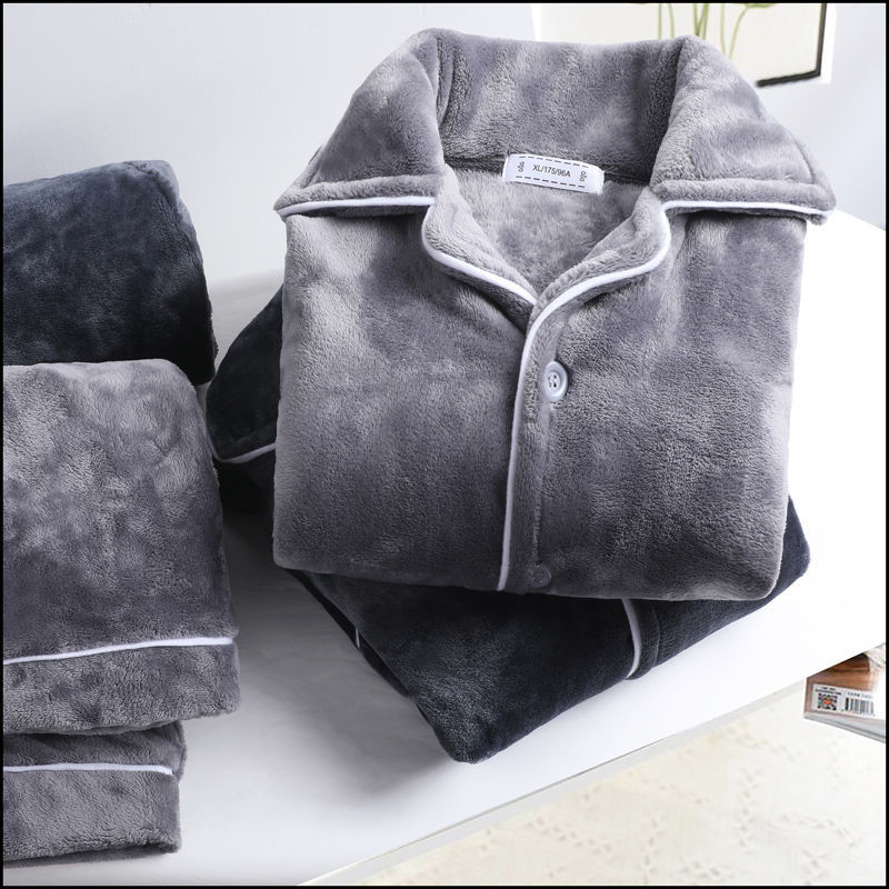 Thickened Warm Coral Loose Home Clothes Flannel Long-Sleeved Fleece-Lined Men's Velvet Winter Autumn and Winter Suit Pajamas