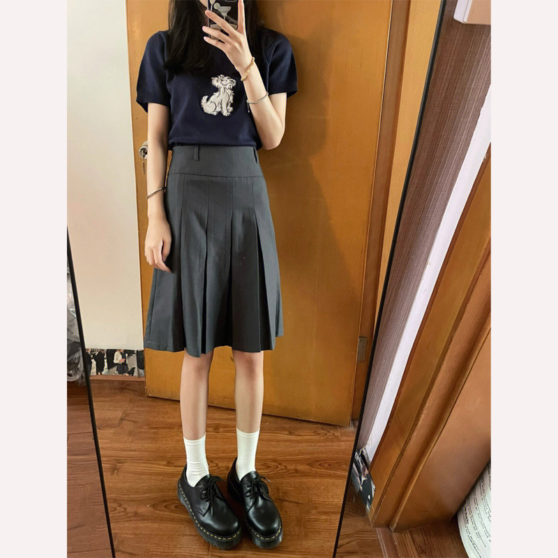 Retro dark gray pleated skirt women's summer preppy style high waist mid-length A- line skirt suit skirt spring and autumn