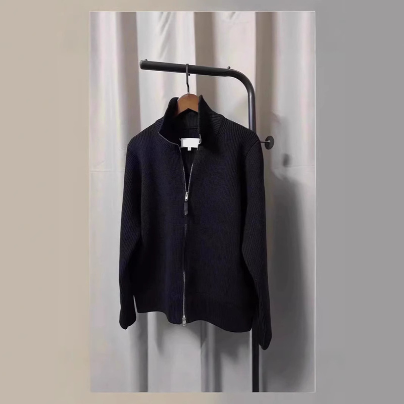 Margiela Style Margiela Stand-Up Collar Cardigan Knitwear Mm6 Knitwear Leather Zipper Heavy Outwear