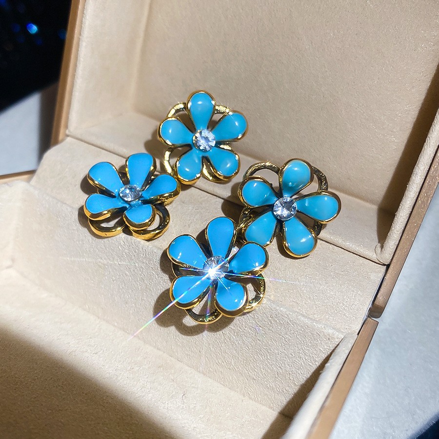 Pendientes de flor de cristal de aguja de plata, cuentas de arroz de cristal, pendientes azules, pendientes de estilo de vacaciones frescas, pendientes de lujo ligero, de alta calidad, mujeres