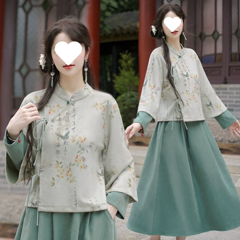 Китайский костюм-двойка с принтом, китайский костюм Тан, чонсам, свободный топ в стиле ретро, ​​художественная улучшенная юбка династии Хань.