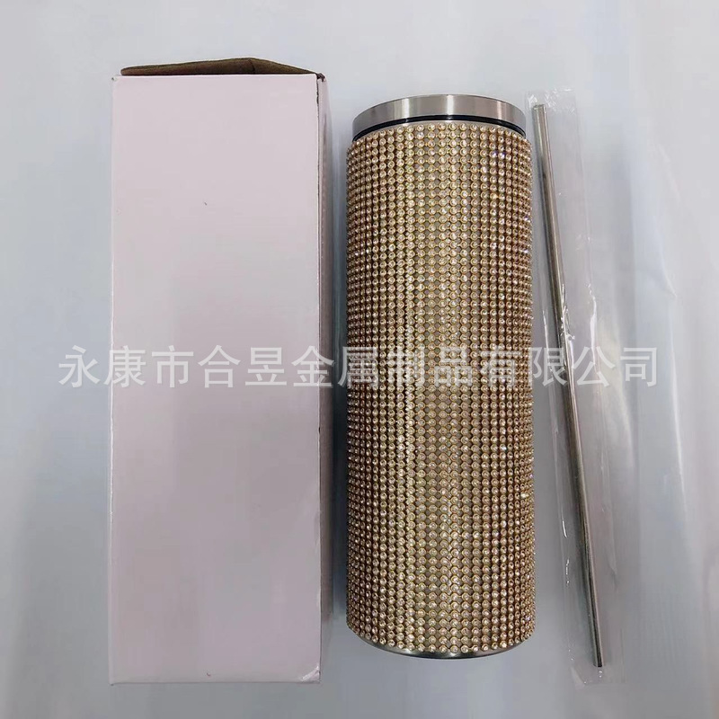 20oz Comercio exterior moda nuevo diamante paja 304 Acero inoxidable recta taza de vacío completo diamante taza de café