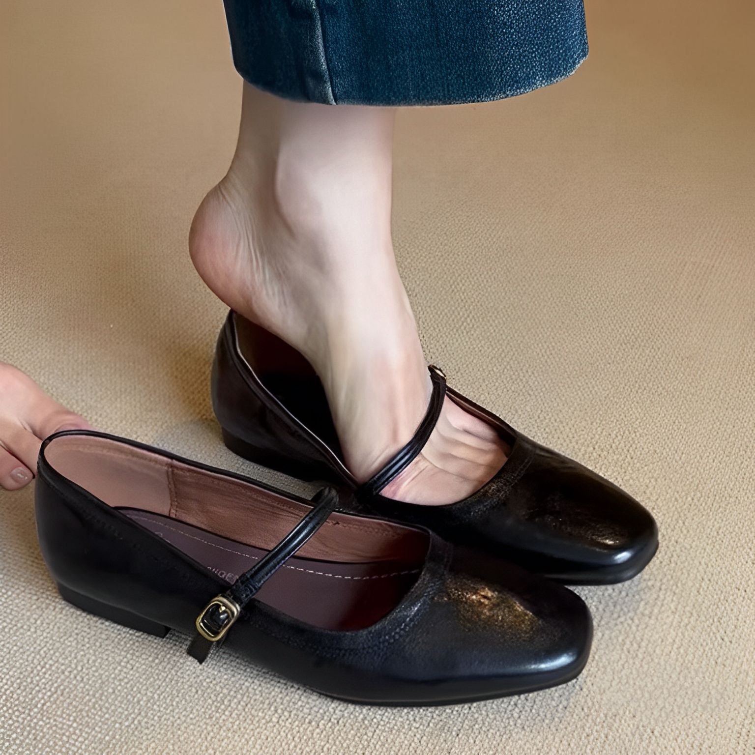 羊皮版~真皮韩版复古一字扣带玛丽珍鞋女平底气质浅口单鞋小皮鞋