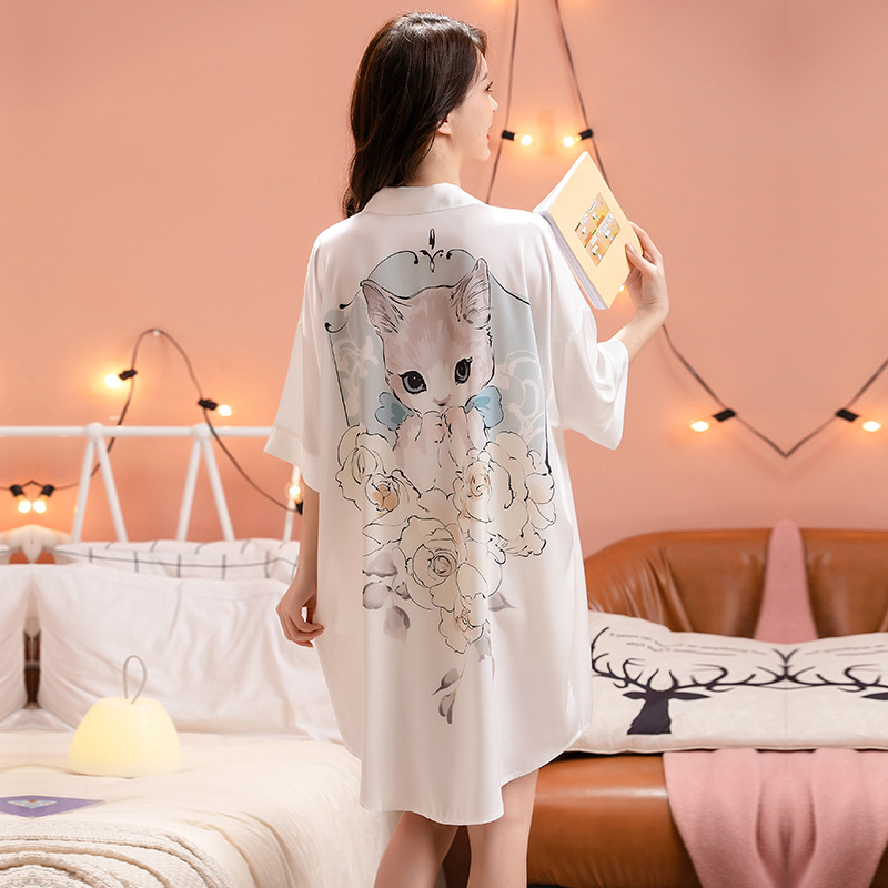 2023 nuevo camisón de seda del hielo verano las mujeres delgada flor gato impresión más tamaño media manga desgaste hogar camisa vestido