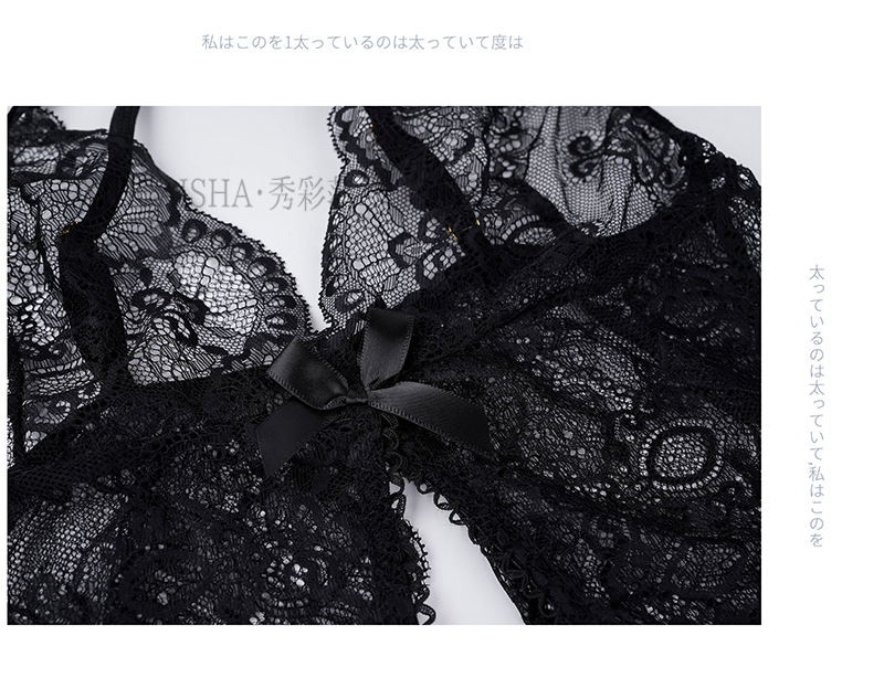 Lace Transparent Bodysuit Nightgown with Open-Crotch Stockings, Black One-Size Lingerie Dress — detail image 26