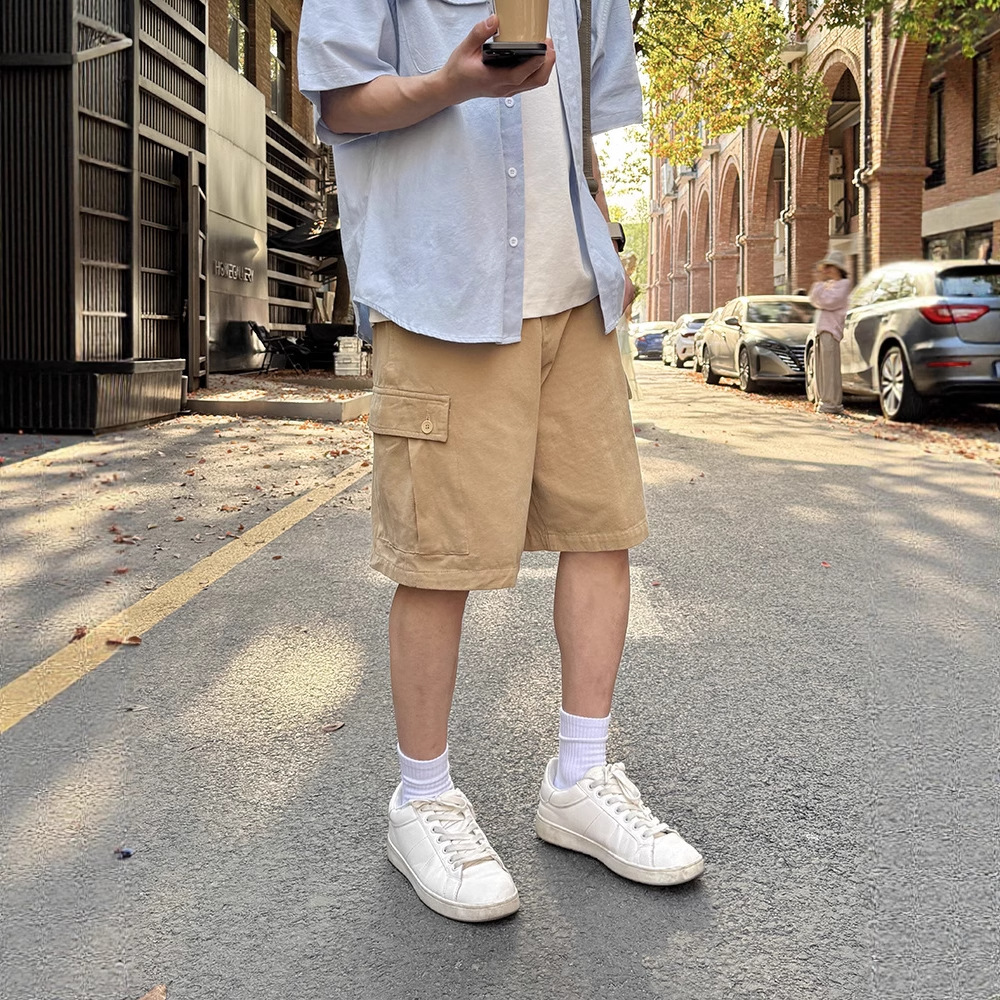 Khaki Multi-Pocket Cargo Shorts Pure Cotton Men's 2025 New Summer Casual Versatile Knee-Length Loose Fashion Shorts