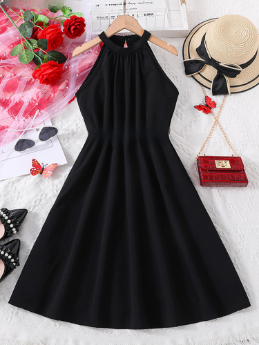 8-12 years old girl's dress, foreign trade, V-neckless, sleeveless princess dress, 2024 summer, European and American, shoulder-revealing A-line children's clothing