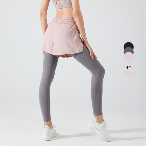  Spring and Summer New Fake Two-Piece Sports Pants Women's High Waist Hip-Lifting Running Fitness Pants Seamless Nude Yoga Pants
