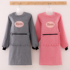 Women's Kitchen Apron Long Sleeve Coverall Pure Cotton Breathable Cooking Oil Proof Stain Proof Grid New Reverse Dress Workwear