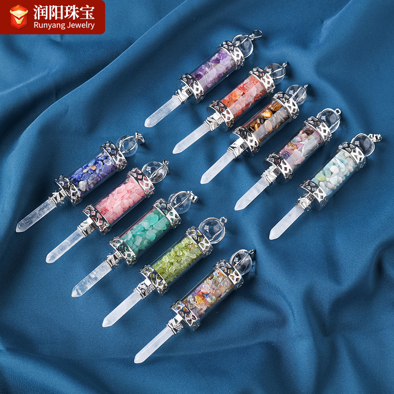 跨境热销天然水晶碎石白水晶柱灵摆玻璃管许愿瓶吊坠饰品挂件批发