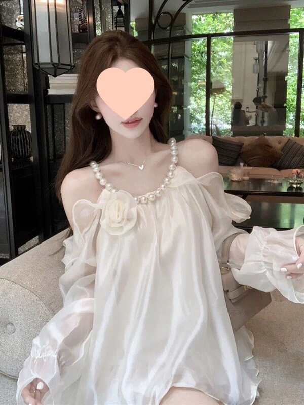 立体花朵珍珠挂脖露肩仙女漂亮超好看衬衫2025法式复古设计感衬衣|undefined