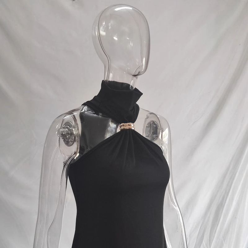欧米の2025夏の新商品のファッション的な個性の金属ボタンの純色のガードルの高いウエストはお尻の袖なしのワンピースの卸売りを包みます。|undefined