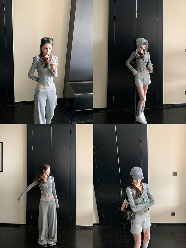 Skk Store 慵懒周末outfit 条纹修身正肩显瘦连帽卫衣套装女秋季|undefined