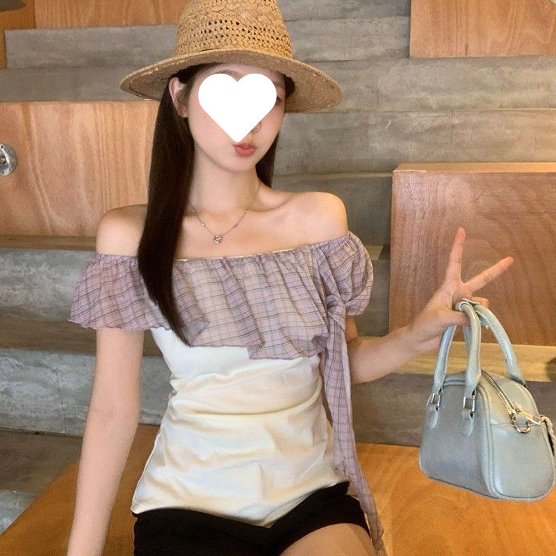 夏の女性用フレンチイエローチェック柄ワンショルダーTシャツ、甘くてホットな女の子のウエスト痩身、シックなオフショルダーデザイントップ|undefined
