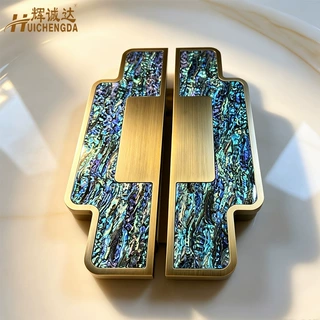 轻奢彩贝镶嵌大门把手 复古回形轮廓黄铜拉手 会所艺术装饰大拉手