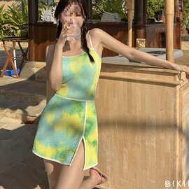 连体泳衣女性感纯欲风少女比基尼时尚扎染多巴胺系绳美背度假泳衣