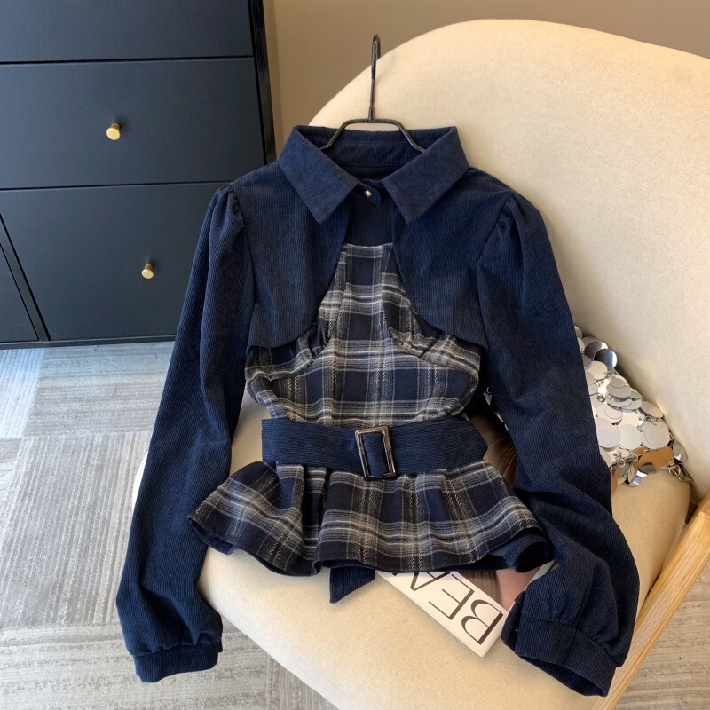 Coffee-Colored Plaid Patchwork Shirt for Women, Autumn Style, Elegant Waist-Cinching Long-Sleeve Top, Blue One-Size Fashion Washed Denim Jeans