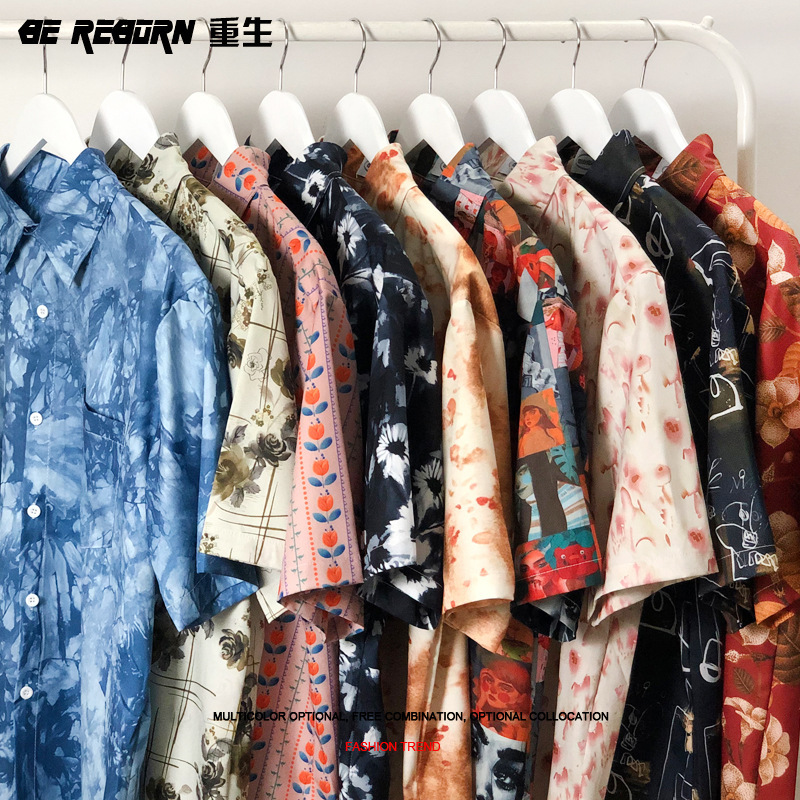 Hong Kong Style Vintage Tie-Dye Trendy Brand Short-Sleeved Floral Shirt for Men and Women Casual Loose Design Sense Trendy Beach Shirt Jacket