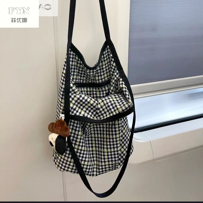 Striped plaid canvas bag ins Japanese style artistic lazy style shopping bag handbag large capacity commuter shoulder bag