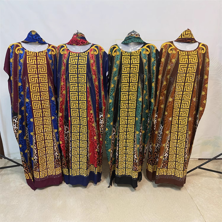 A8810 # New Style Double-Sided Positioning Print Rhinestone Tassel Headscarf Long Dress with Off-The-Shoulder Neckline, Comfortable Women's Robe.