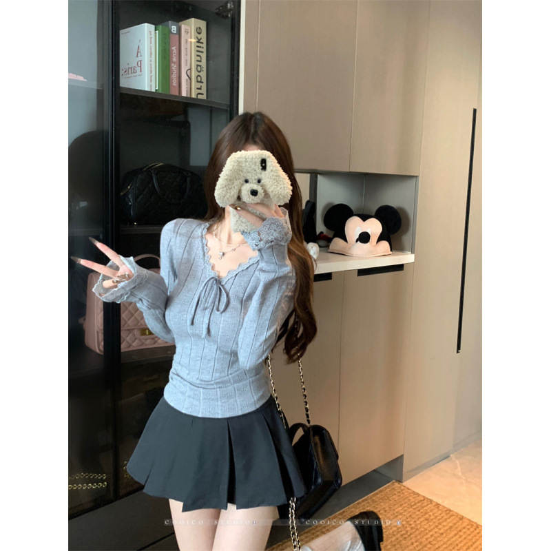辣妹设计感蕾丝花边纯色收腰显瘦针织衫长袖T恤女上衣|undefined