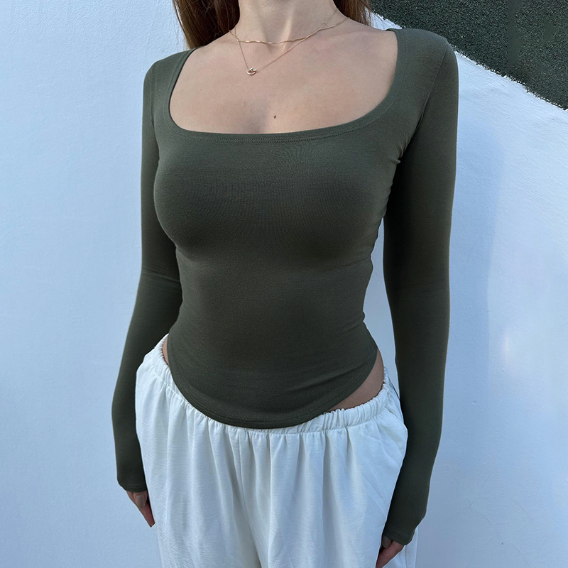XY25222 color sólido bajo cuello en U delgado mangas largas T irregulares perilla delgada elástica camisa de punto de red rojo ropa de mujer