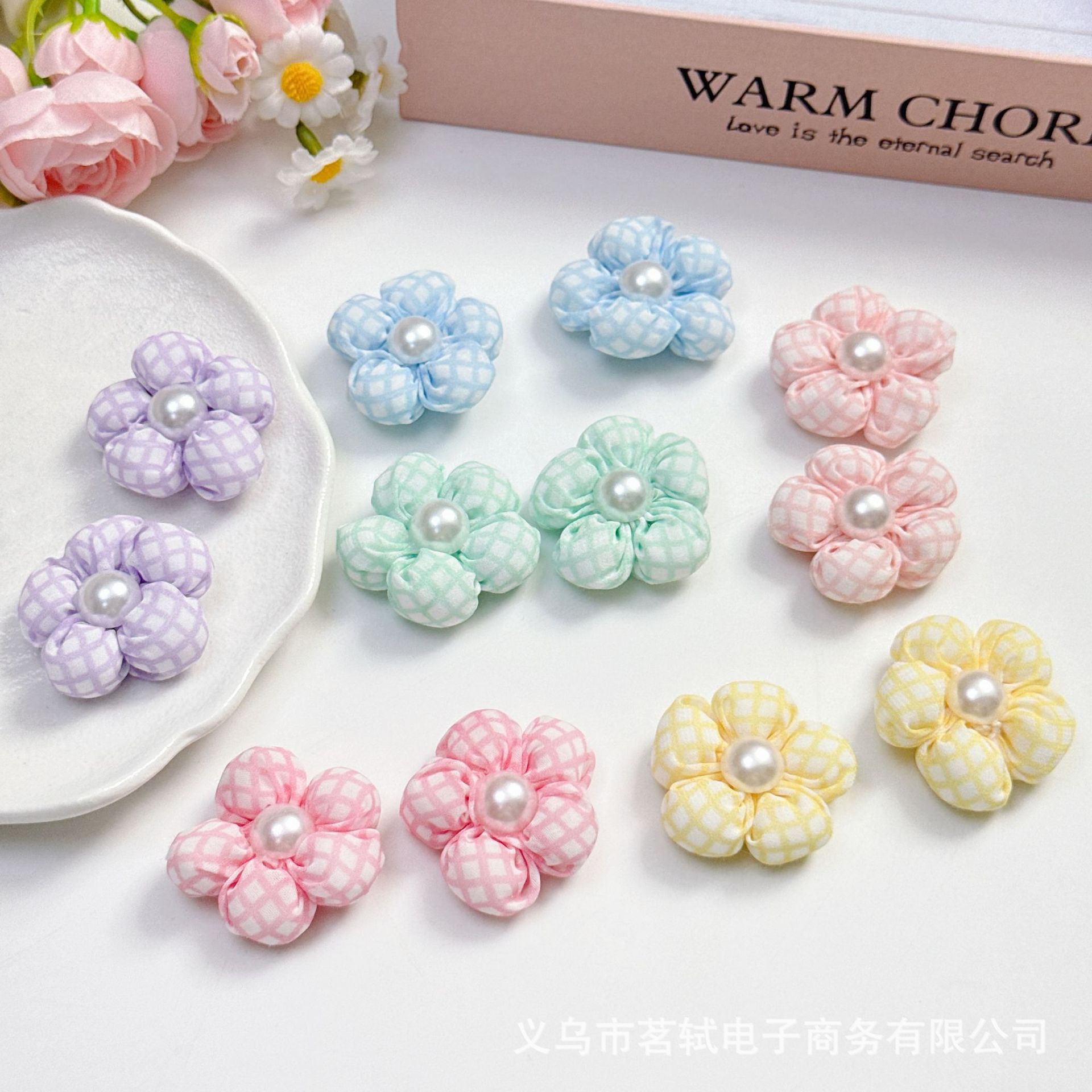 Sweet Fabric Flower Accessories Plaid Cotton-filled Five-petal Flower...