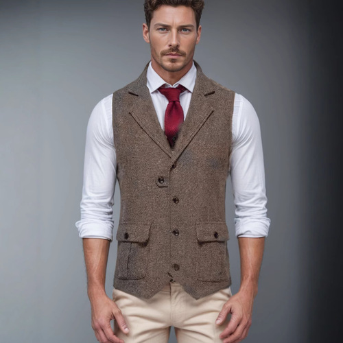 Spring and Autumn Men's Fashion Vintage Blazer Vest with Single Button Leisure Suit Jacket Herringbone Fabric