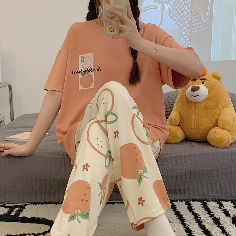睡衣女夏季短袖长裤卡通加大码春秋款宽松学生睡衣女夏家居服套装