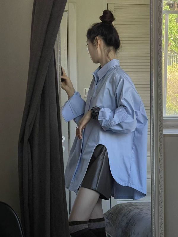 正品哥家新款2025秋季盐系蓝色衬衫设计感小众宽松显瘦衬衣外套女|undefined