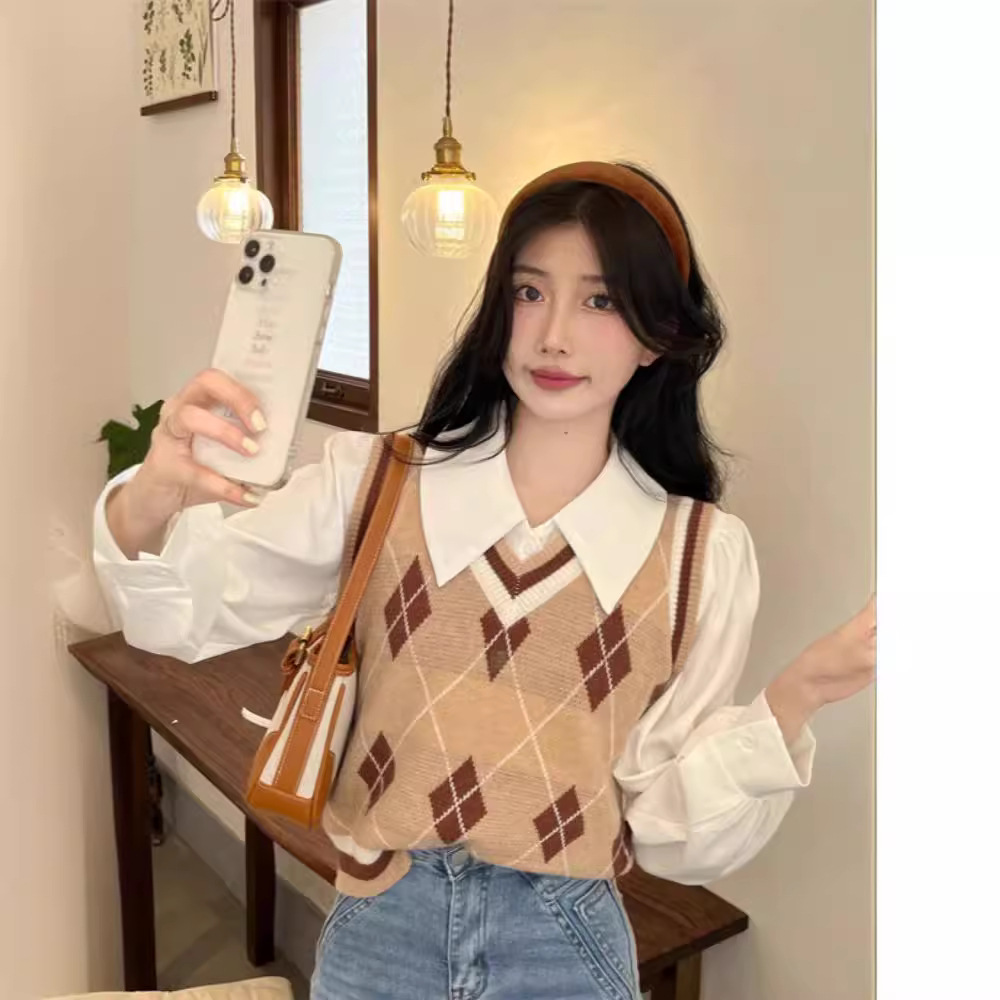 고급감 화이트 셔츠 여성 춘추 이너웨어 디자인감 소중 폴로 넥 긴팔 셔츠