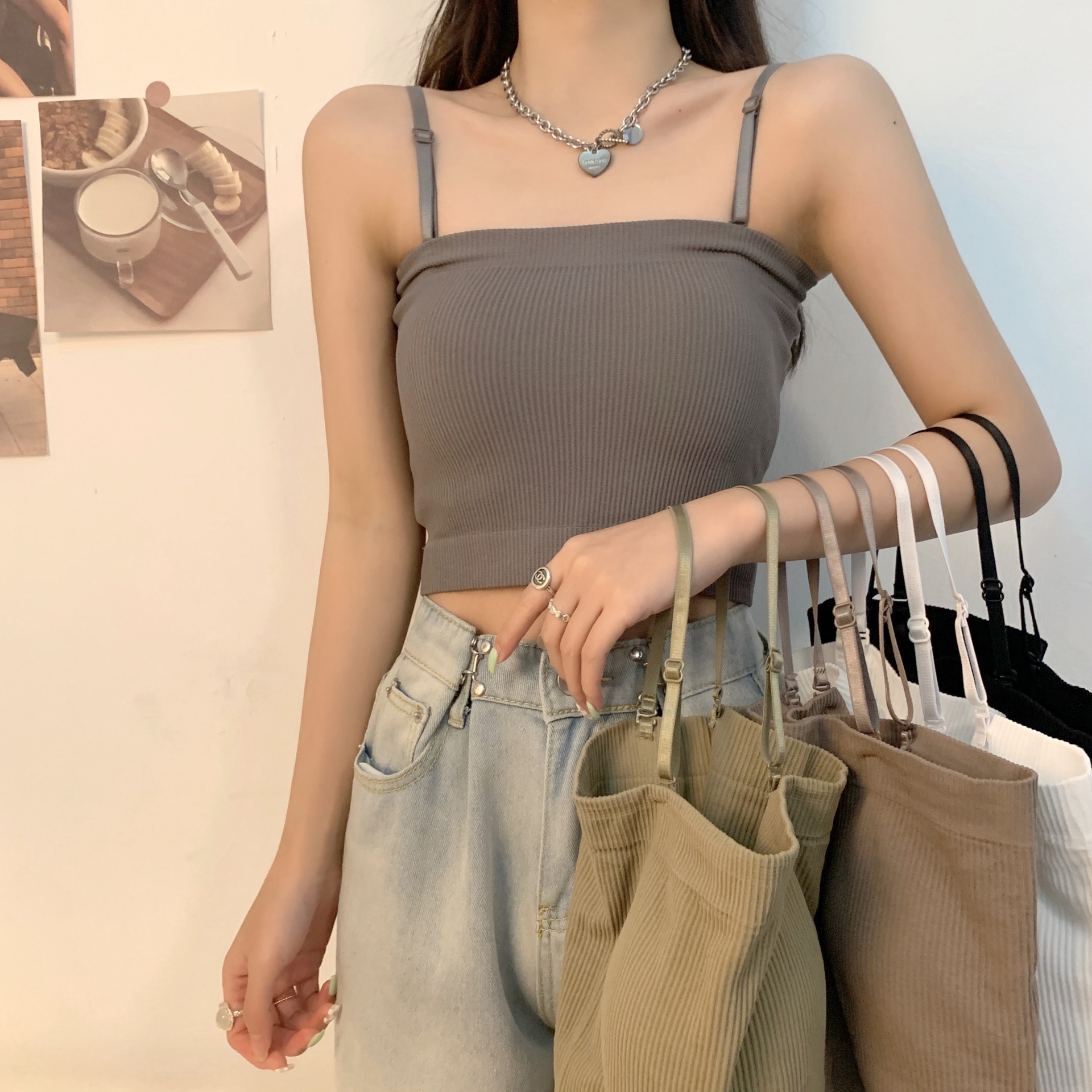 동대문 인터넷 인기 스레드 벨트 가슴 패드 고정 컵 내부 조끼 여름 어깨 스트랩 분리 가능한 슬링 외부 착용 튜브 탑 여성