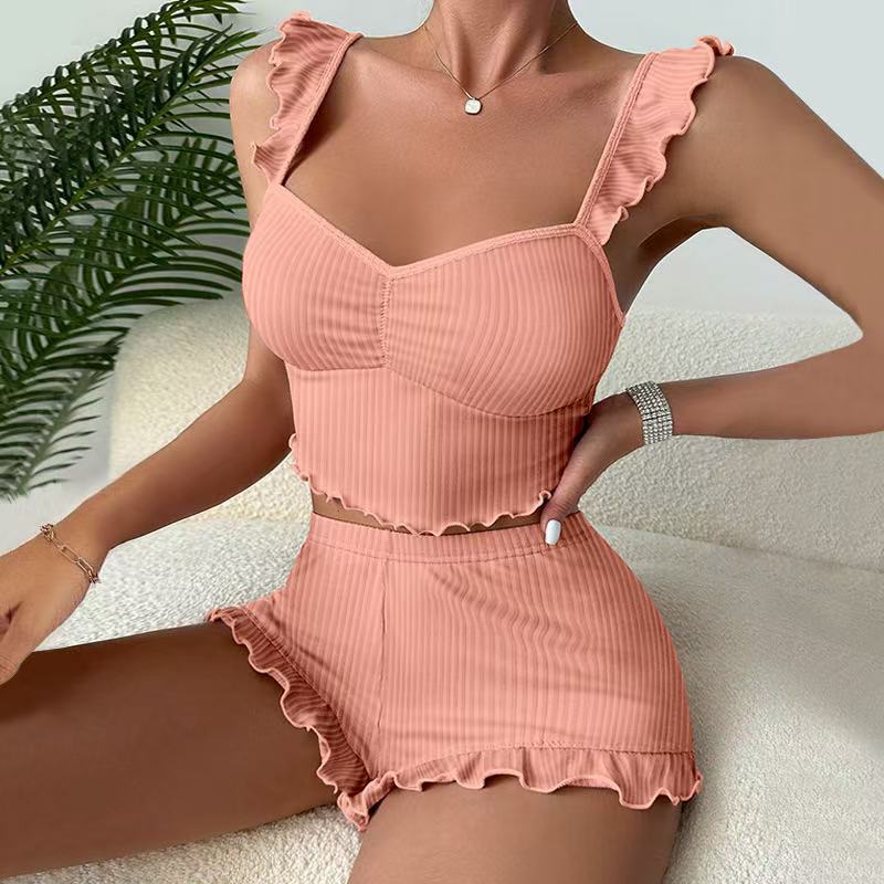 European and American Style Cross-Border Small Flying Sleeves Sexy Suspender Pajamas Women's Pit Shorts Multi-Color Women's Simple Casual Home Wear