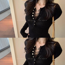 纯欲蕾丝v领黑色打底衫女秋冬法式小香风修身显瘦针织衫内搭上衣