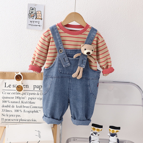 Boys' Autumn Outfit Set Trendy  New Girl's Clothing Baby Children Striped Long Sleeve Belted Two-Piece Set